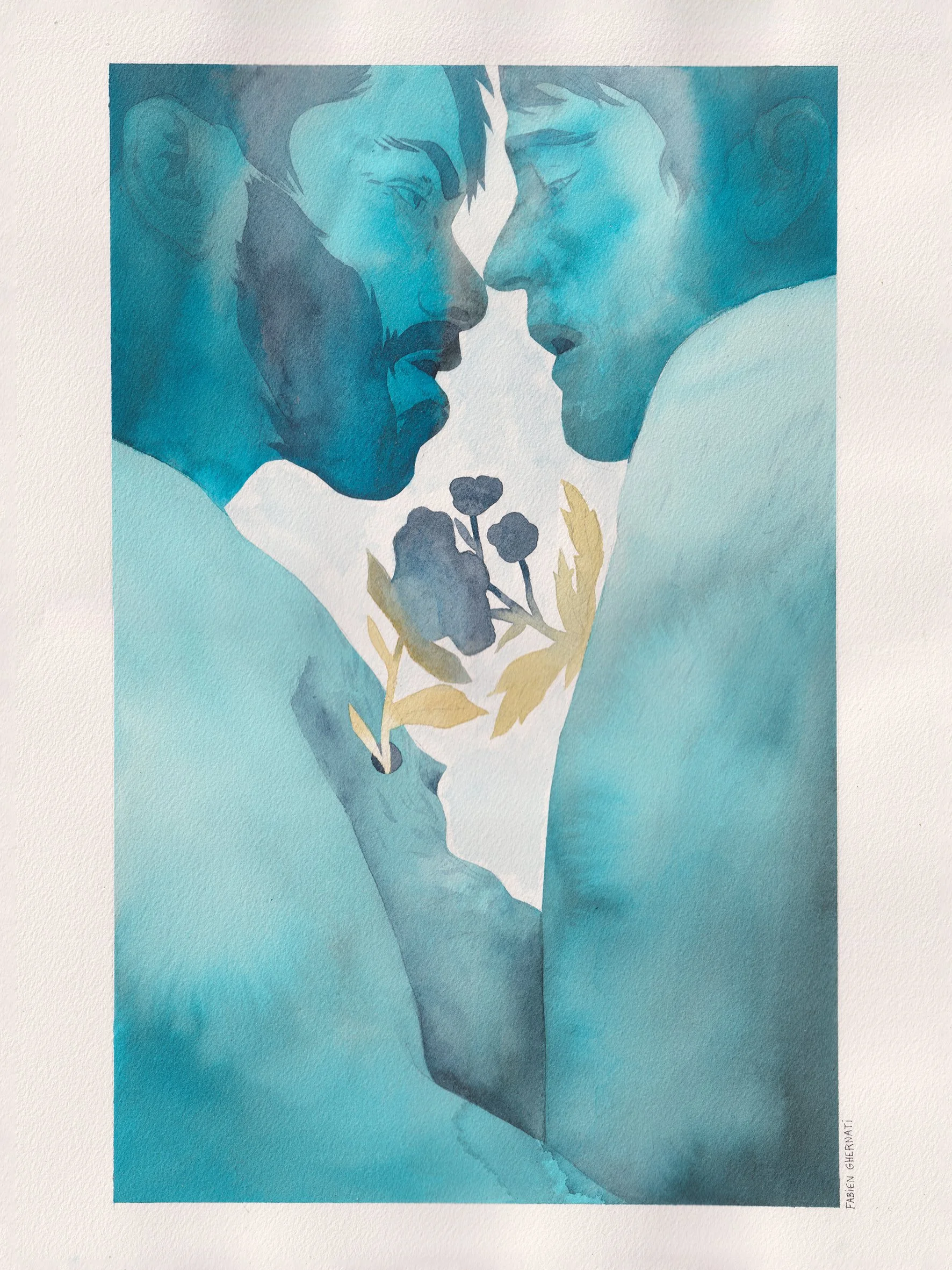 Aquarelle représentant deux hommes face à face, leur front et leur nez se touchant, avec des fleurs sortant de leur torse.