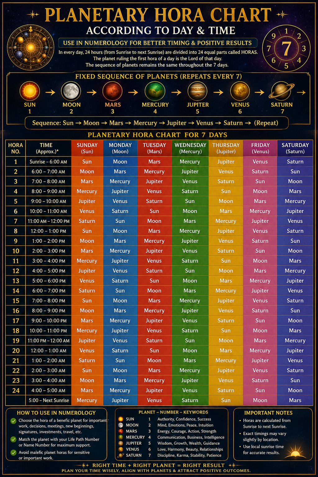 A comprehensive planetary hour chart according to day and time, featuring a rotation schedule of planets including the sun, moon, mars, mercury, jupiter, venus, and saturn. The chart provides daily time slots for each planet for a 7-day cycle, with guidelines for using numerology and planet symbolism for decision-making and energetic alignment.