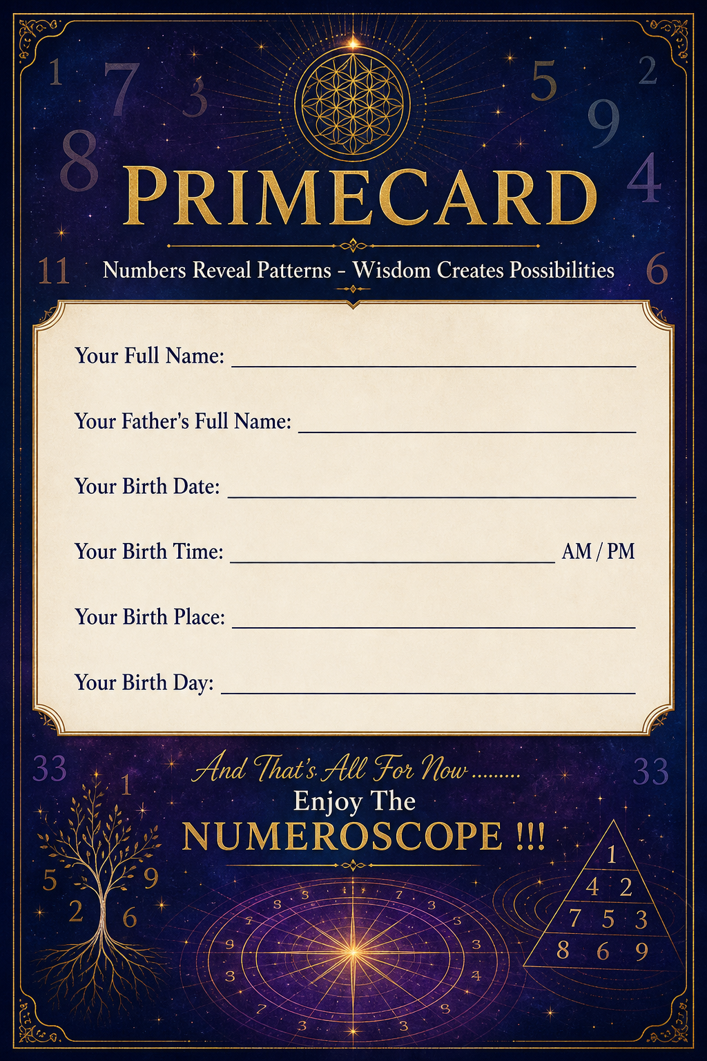 A decorative card resembling a zodiac or horoscope theme titled 'Primecard' with space for personal birth information. The design includes constellation and geometric patterns, a tree of numbers, a circular number pattern, and a triangle with numbers, set against a starry, space-themed background.
