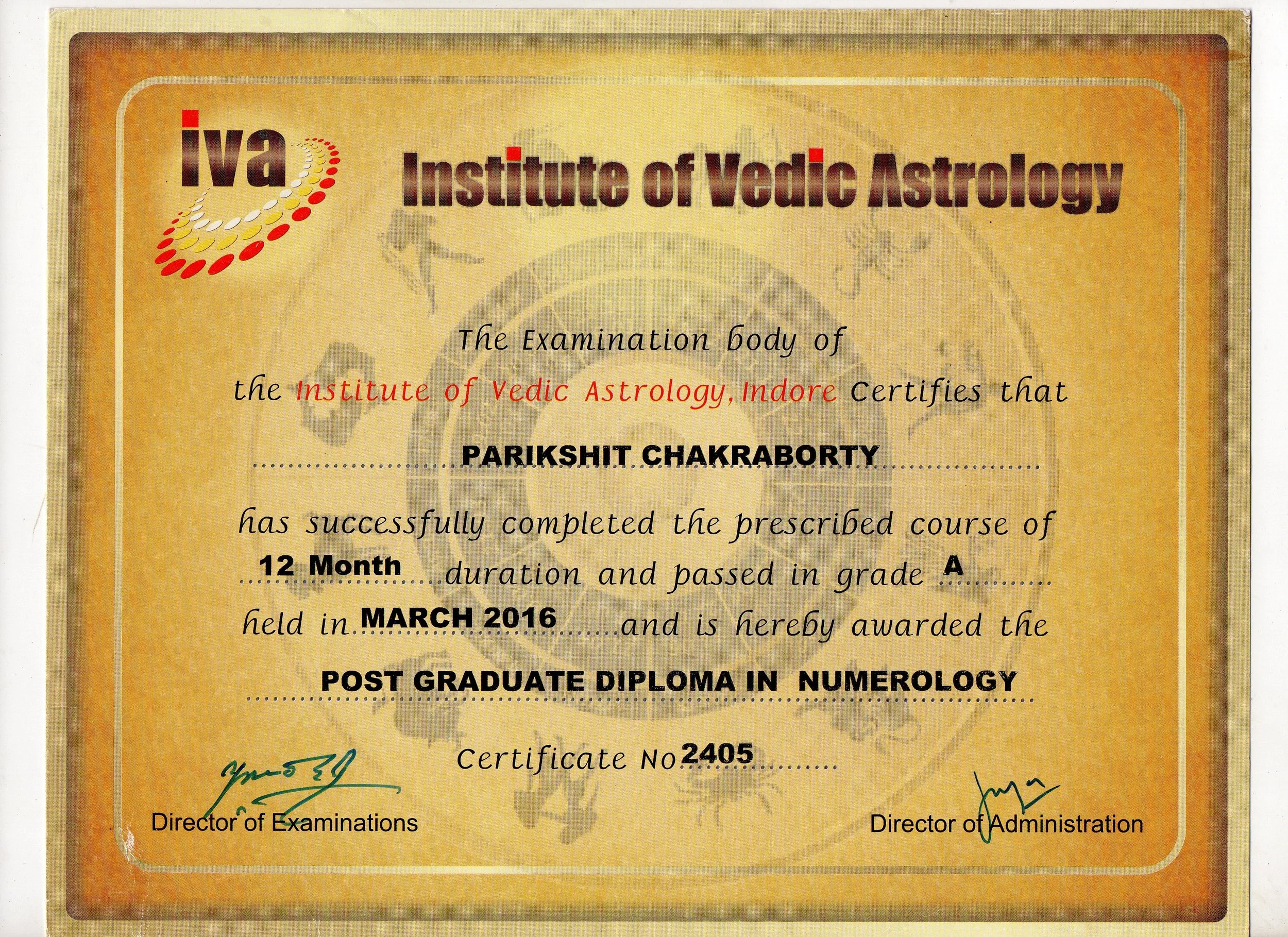 Close-up of a certificate from the Institute of Vedic Astrology, awarded to Parikshit Chakraborty, dated March 2016, with signatures at the bottom and a decorative background.