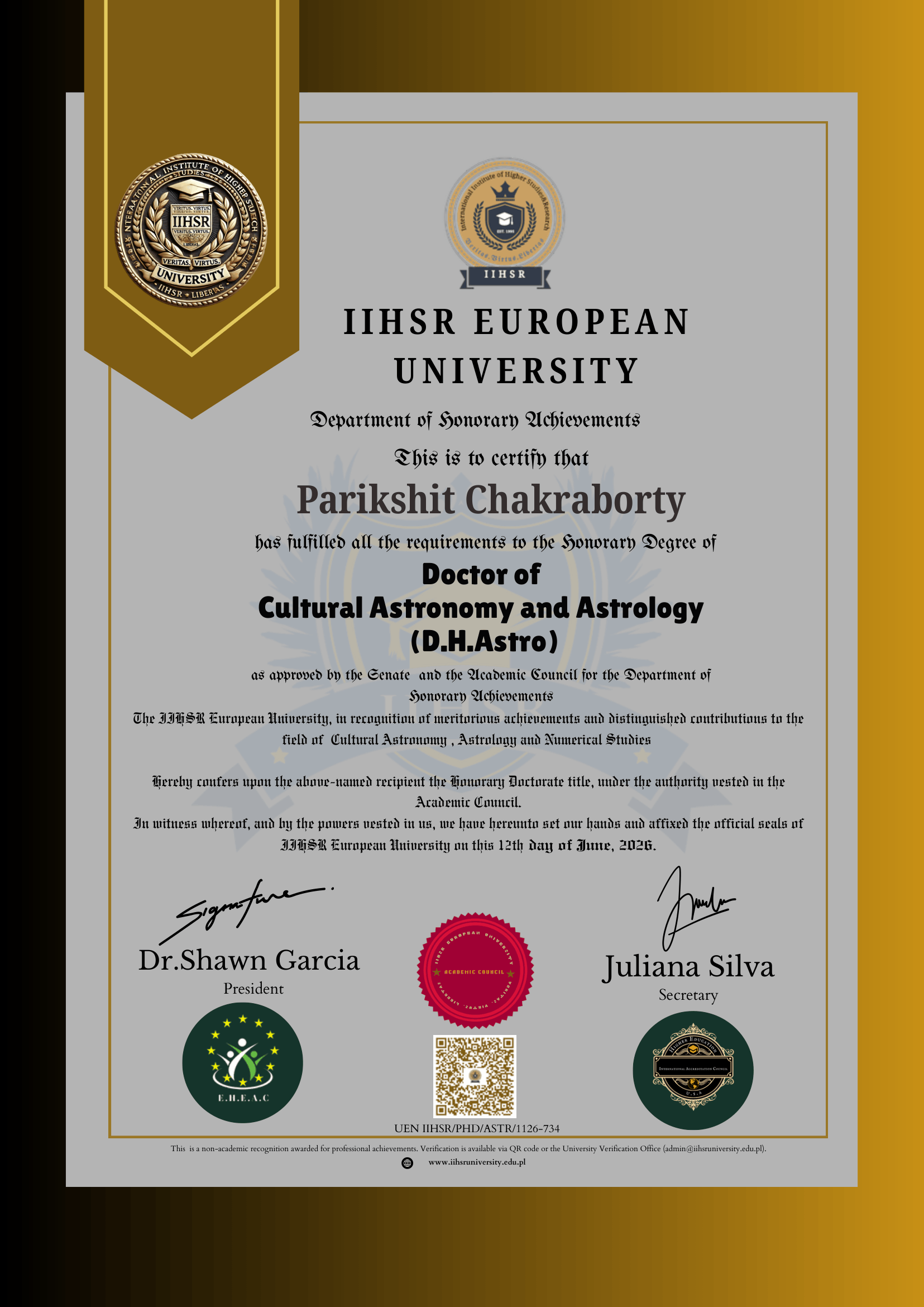 A diploma from IHRS European University awarded to Parikshit Chakraborty for completing a Doctor of Cultural Astronomy and Astrology (D.H.Astro) degree. The diploma features university seals, signatures, and a QR code.