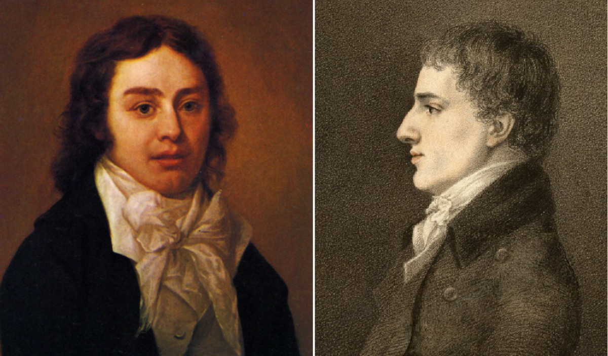 Two historical portraits of men, one in color and one in black and white, both with curly hair, wearing early 19th-century clothing with cravats.