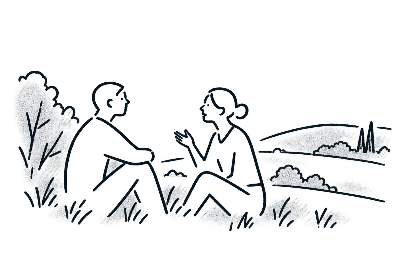 A black and white line drawing of two people sitting outdoors, engaging in a conversation. There are hills and bushes in the background, and a tree on the left side.