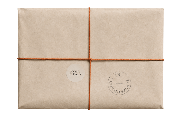 Wrapped package with brown string, a sticker that says 'Society of Poets,' and a stamp that reads 'The Commons,'.