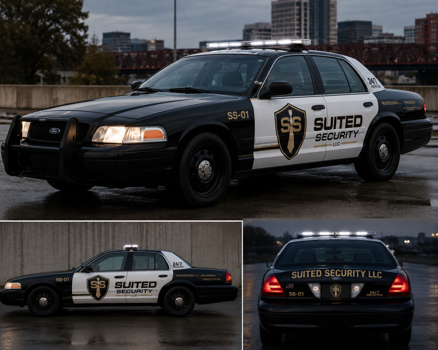 A black and white security patrol car with 'SUITED SECURITY LLC' branding, a shield logo with 'SS' in the center, a light bar on top, parked outdoors with city buildings and bridge in the background, shown from three angles: front, side, and rear.