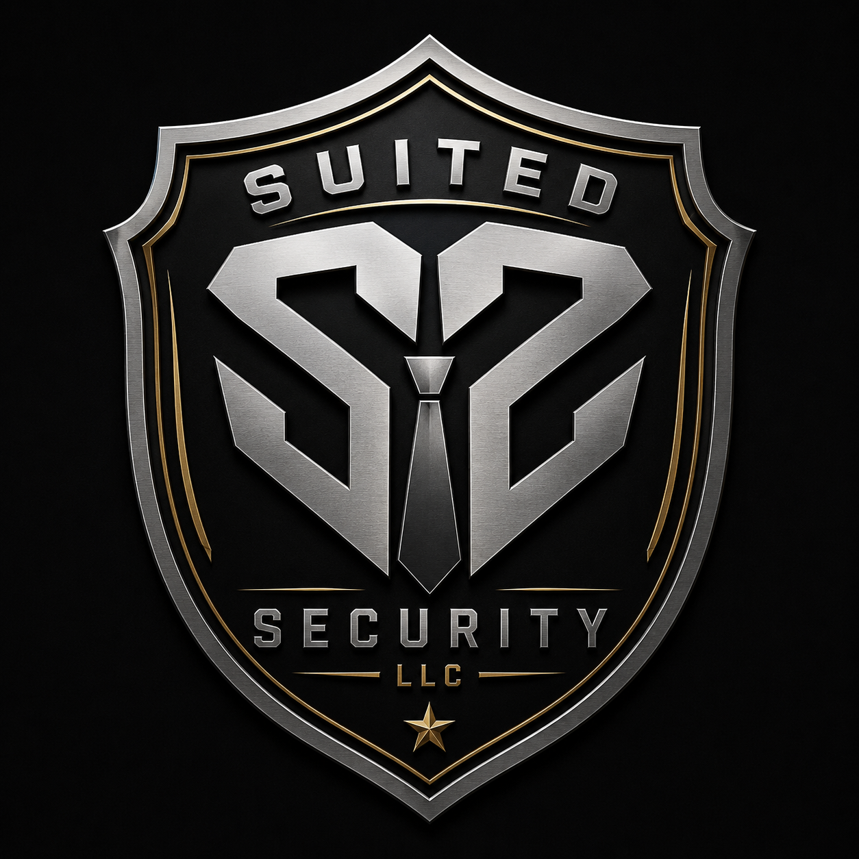 A metallic shield-shaped badge with 'SUITED' at the top, a stylized 'SY2' logo in the center, and 'SECURITY LLC' at the bottom, featuring gold accents on a black background.