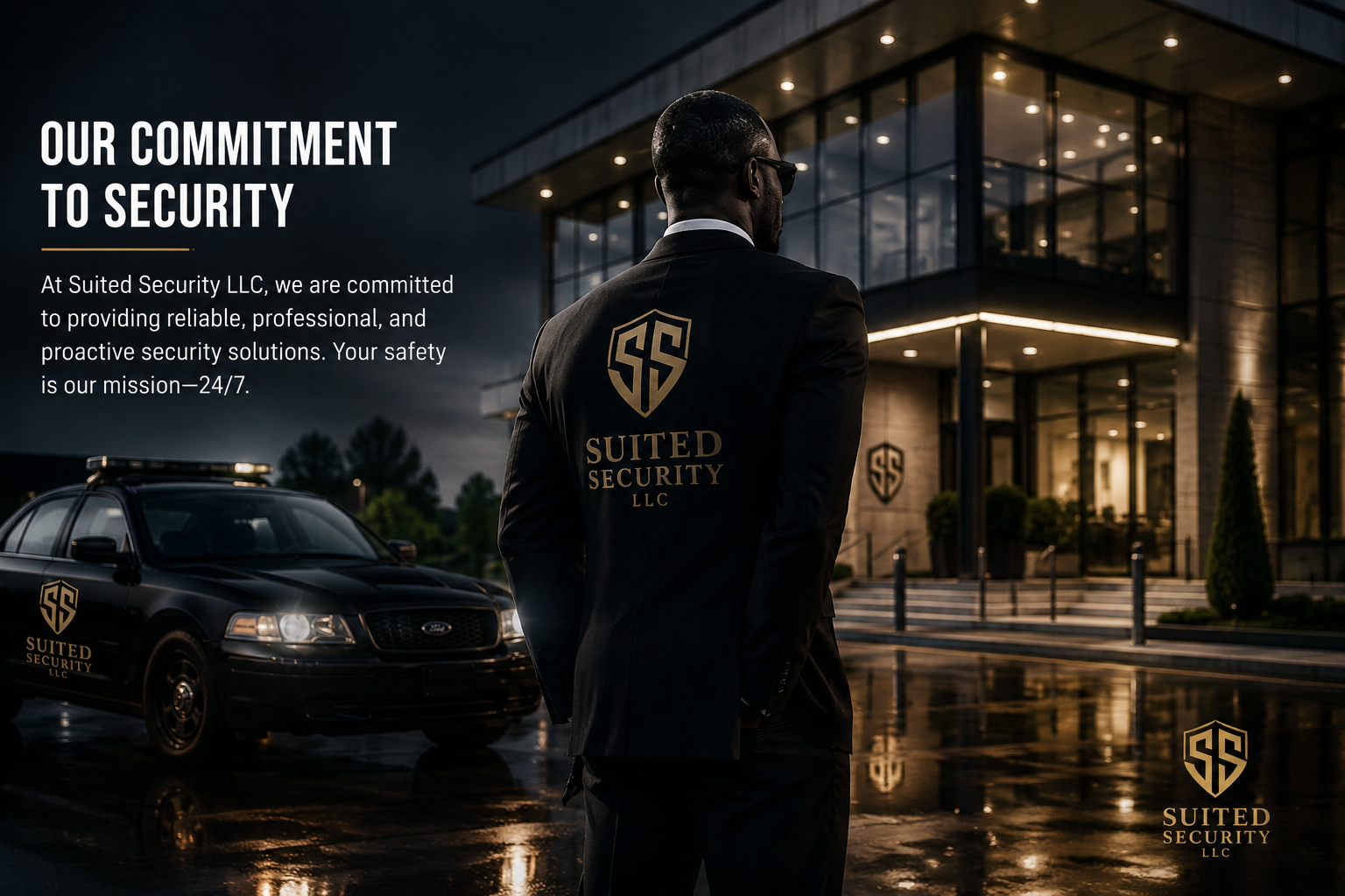 A security guard stands outside a modern building at night, with a security vehicle parked nearby. Both display the Suited Security LLC logo, a shield with initials, emphasizing their commitment to 24/7 security services.