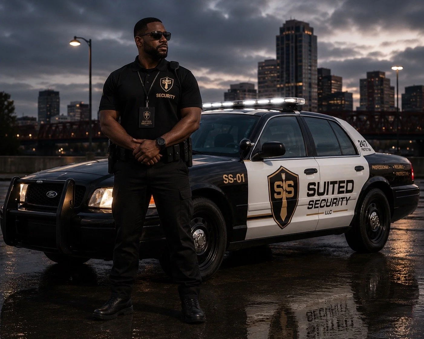 A security guard in black uniform and sunglasses standing with arms crossed in front of a black and white security patrol car with police lights on a wet city street at dusk with tall buildings in the background.