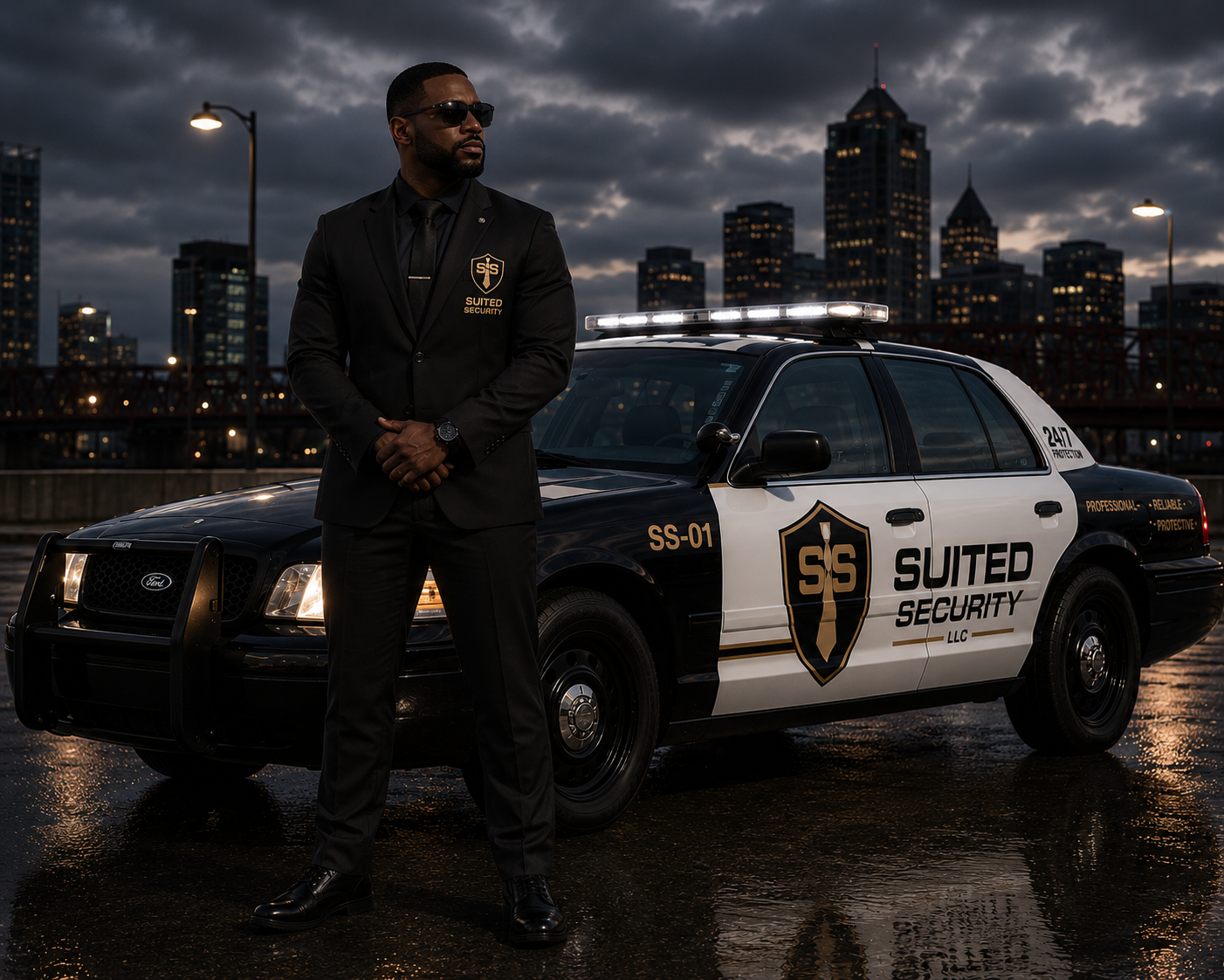 A security guard in black suit and sunglasses standing in front of a black and white police car with city buildings in the background during dusk or early evening, under a cloudy sky.