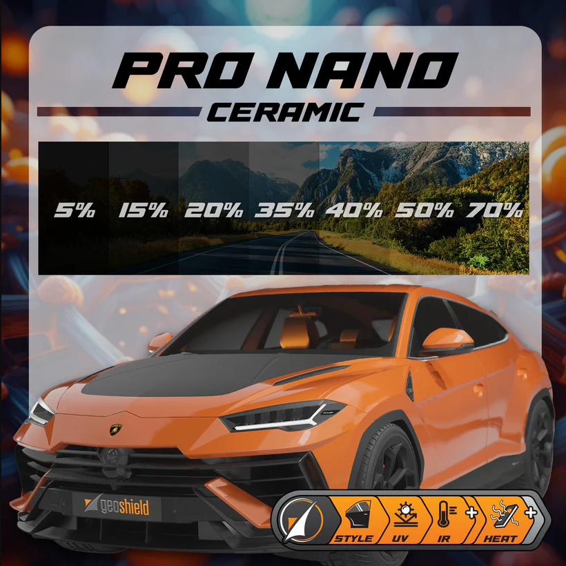 An advertisement for Pro Nano Ceramic coating featuring a bright orange sports car in the foreground. The background shows mountains and a road, with a chart displaying percentages from 5% to 70%. Icons at the bottom indicate style, UV protection, IR, and heat resistance.