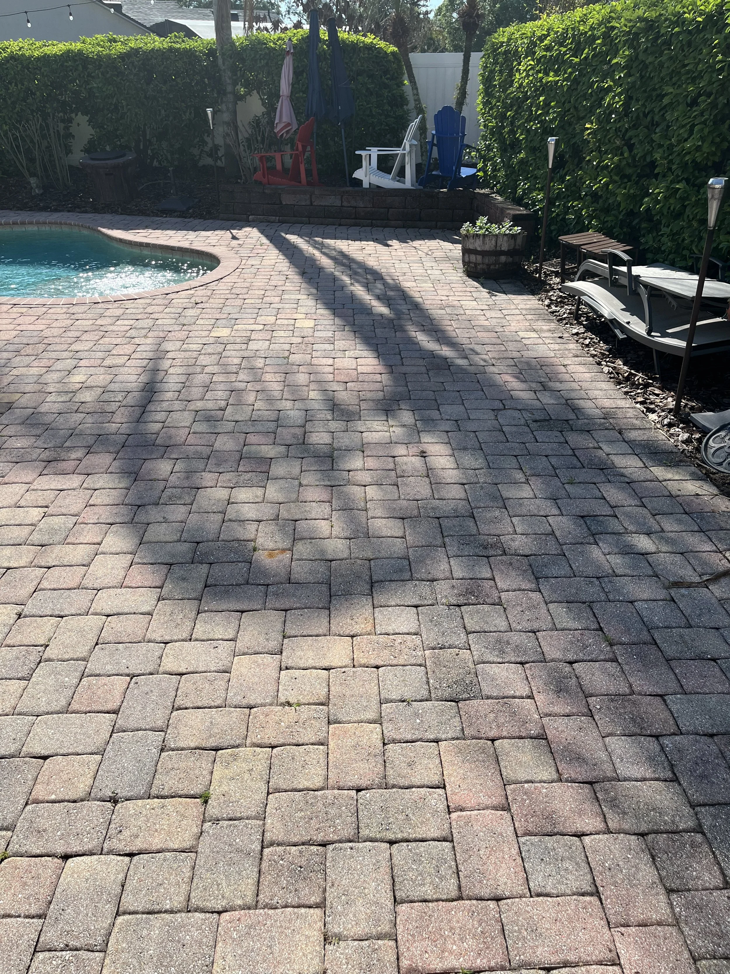 A backyard patio with a swimming pool, surrounded by brick pavers and various outdoor chairs, bushes, and trees.