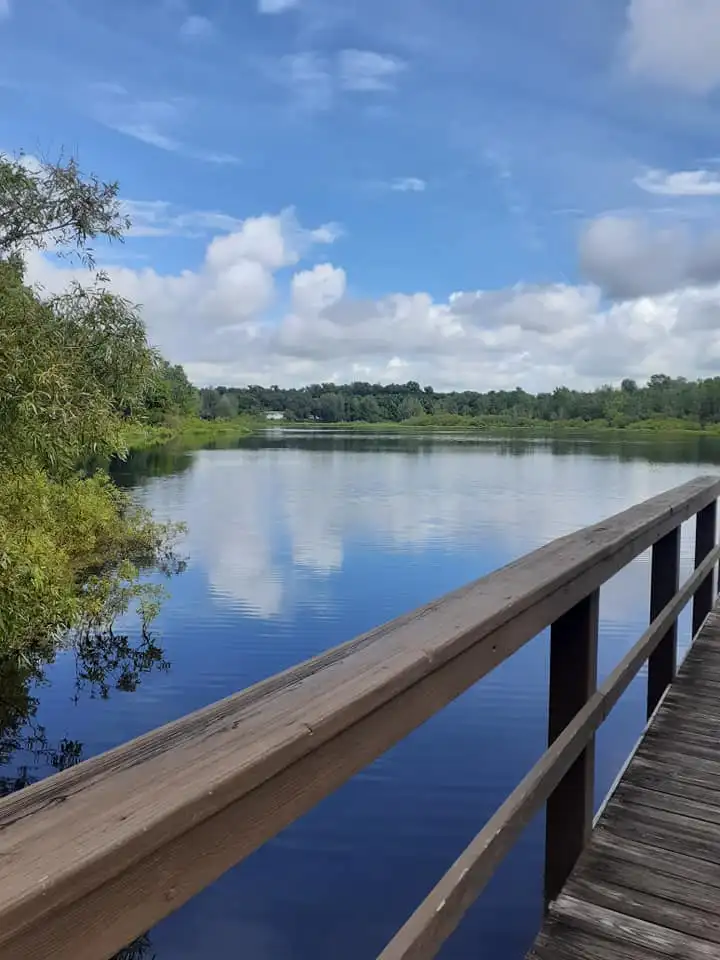 View of a river with reflections of clouds, a wooden railing, and a wooded shoreline under a partly cloudy sky.