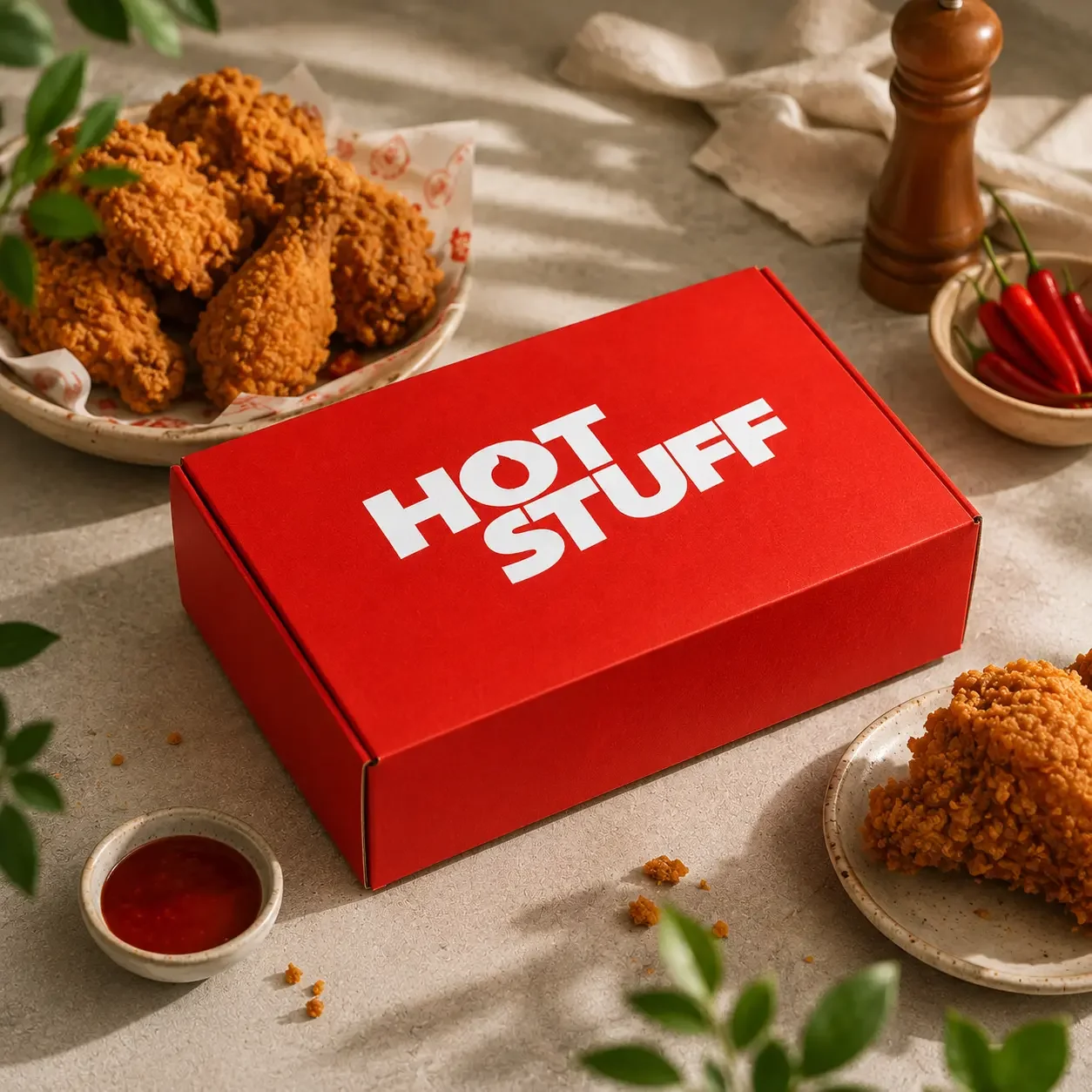 Hasil cetak print packaging makanan brand Hot Stuff di Trio Jaya