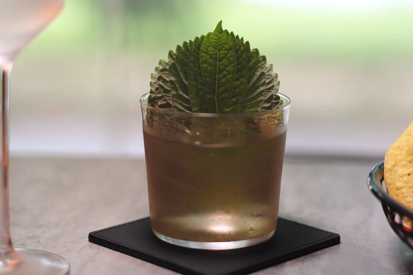 Perilla Sour cocktail at Vatos, garnished with fresh perilla leaf
