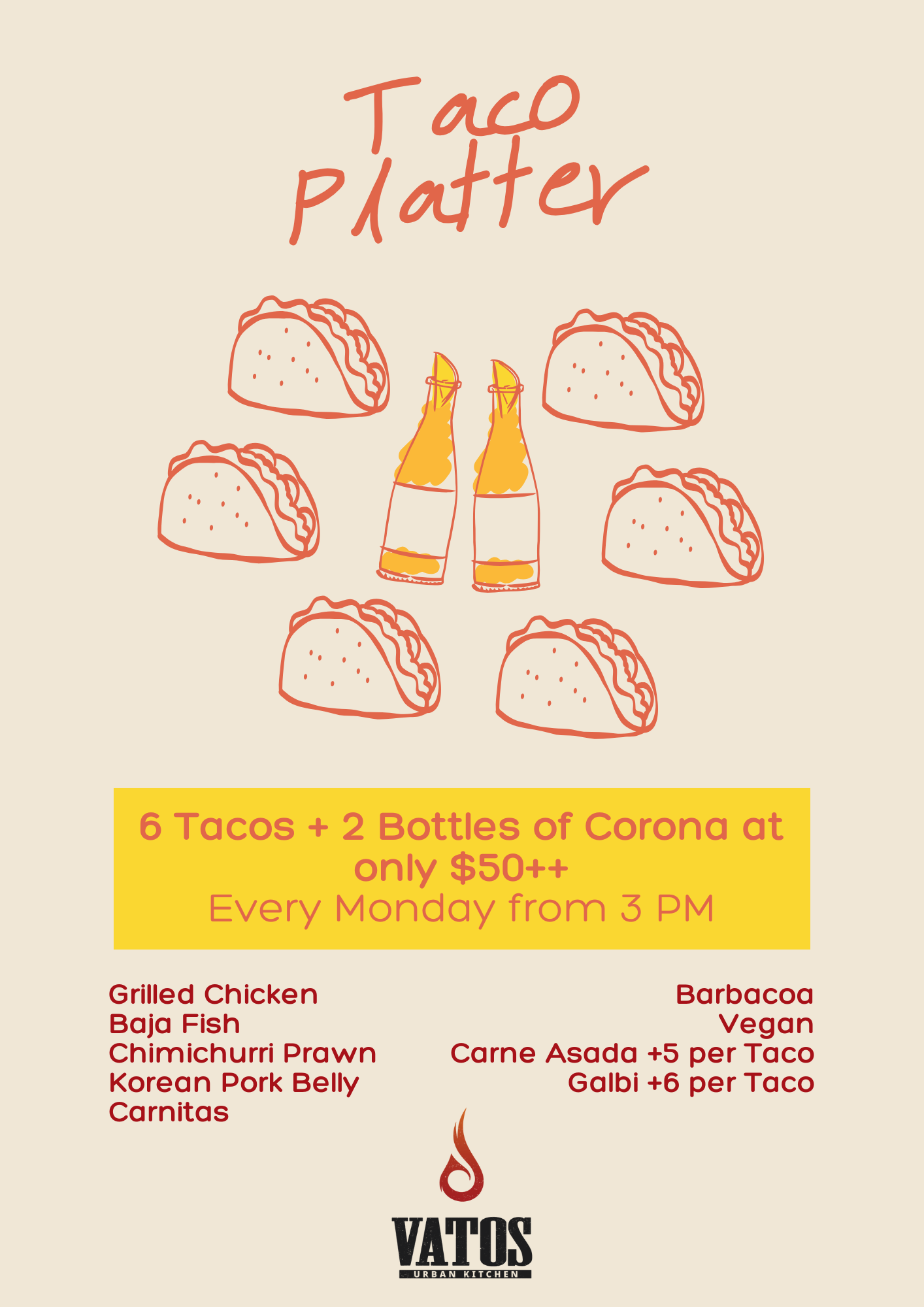 6 tacos and 2 Coronas for $50++. 
Mondays only.