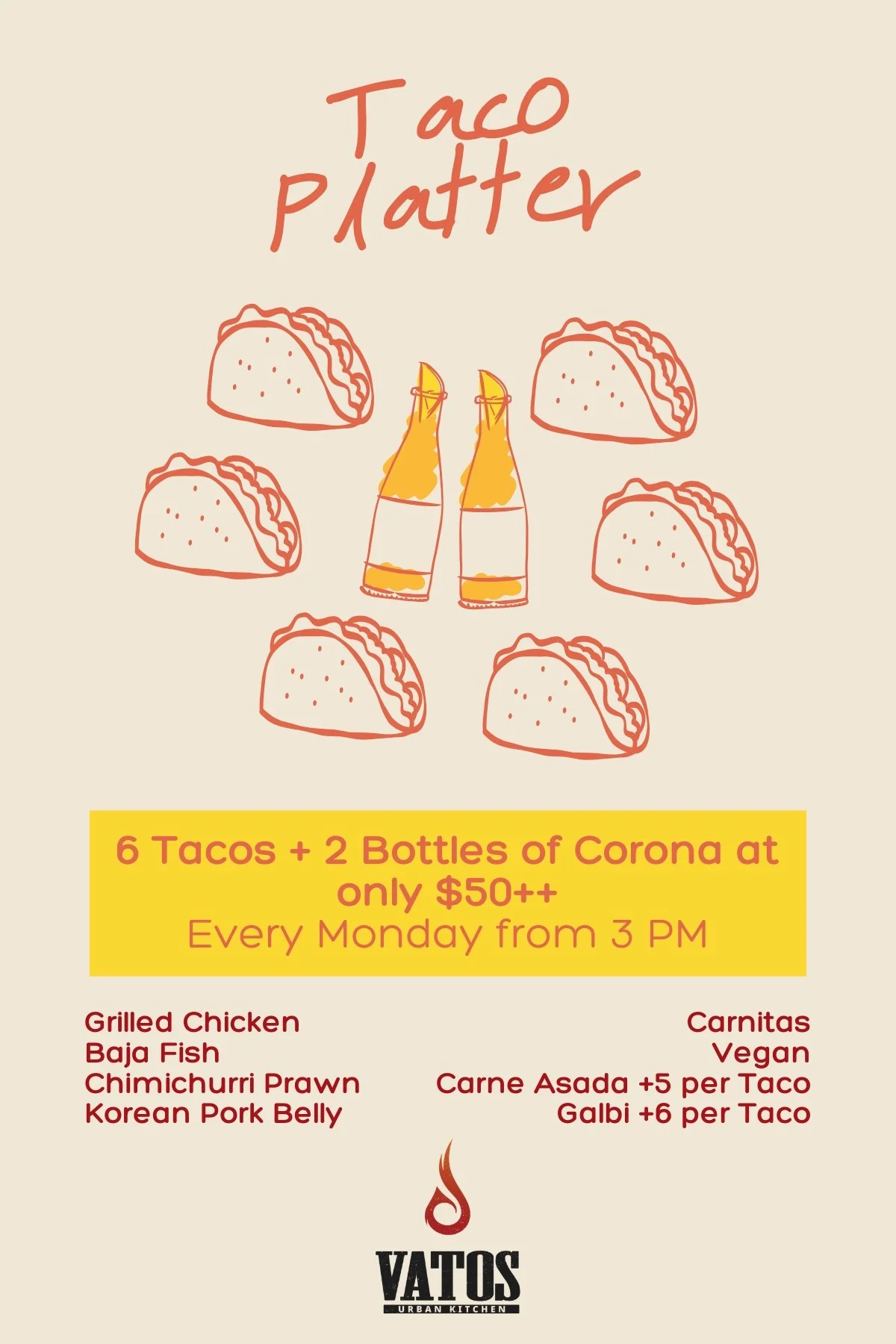 6 tacos and 2 Coronas for $50++. 
Mondays only.