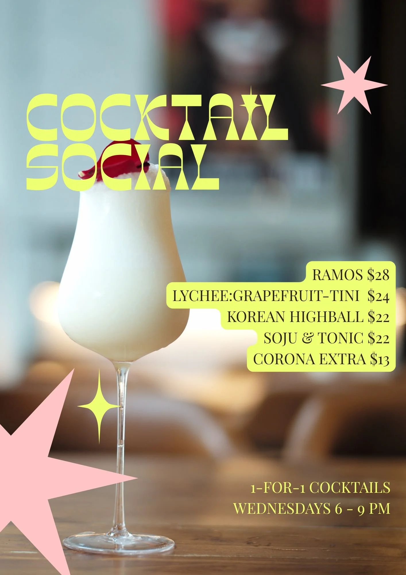 1-for-1 on selected cocktails, 6–9 PM.
Wednesdays.