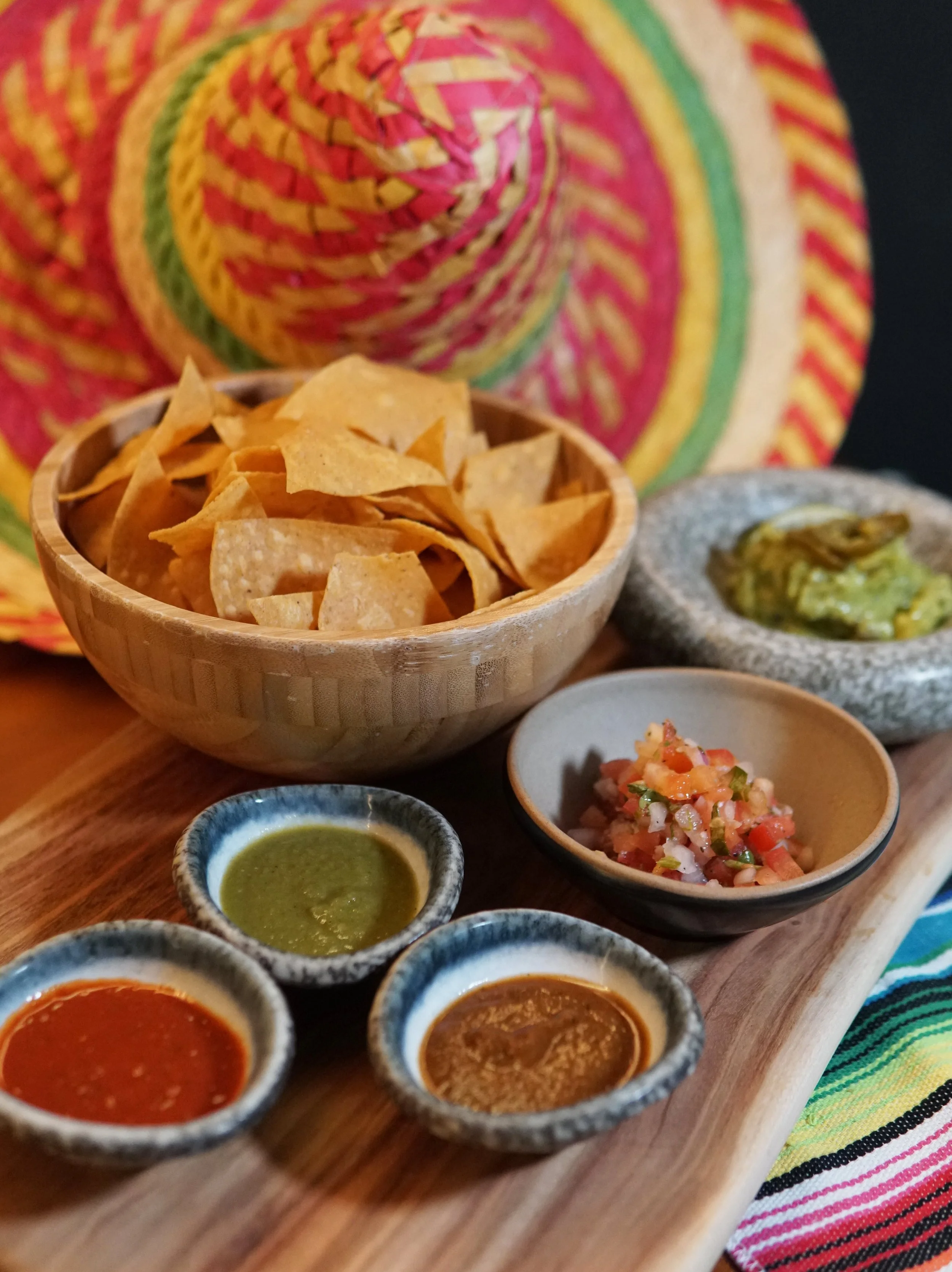 Chips & Salsa Party at Vatos, handcut corn chips with fresh guacamole, pico de gallo, and salsa