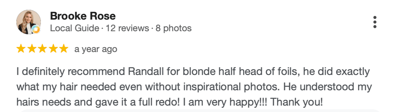 Google Review for Randall at Carlton Hair Corp's Hair Salon