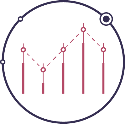 A line graph with pink and purple lines and data points inside a dark circular frame.