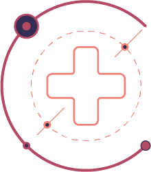 Medical cross symbol with orbit-like lines and circles around it, on a dark background