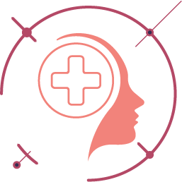 Outline of a woman's face in profile with a medical cross symbol inside a circle above her head, surrounded by abstract lines and shapes.