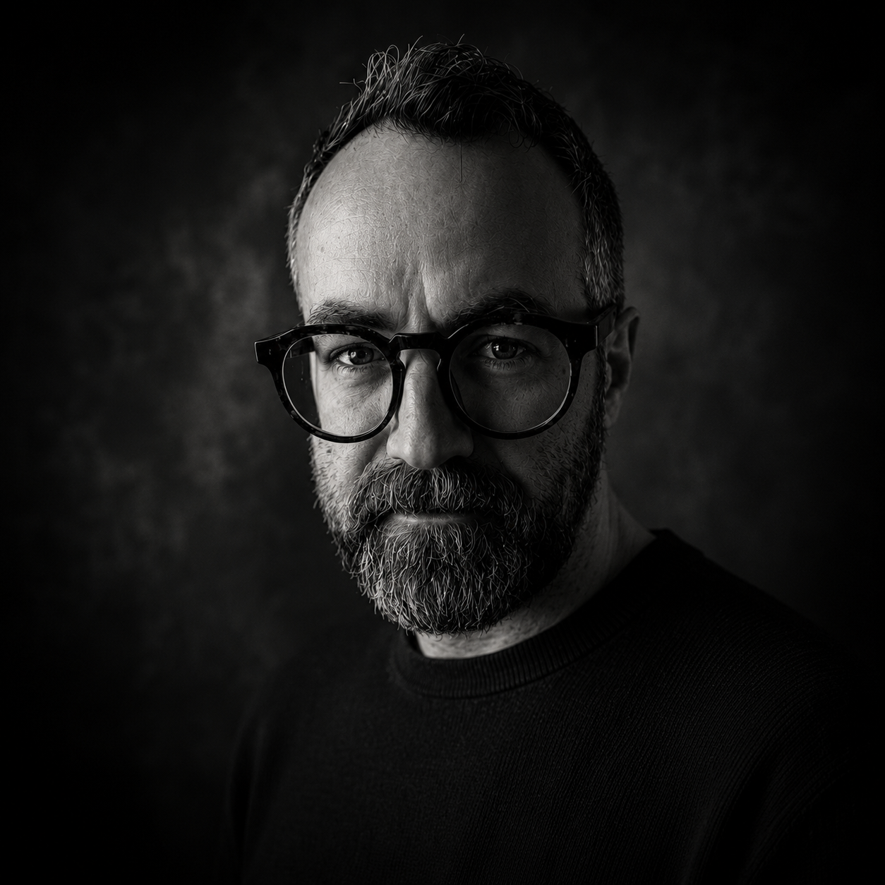 Black and white portrait of a man with glasses, a beard, and short hair, looking directly at the camera.