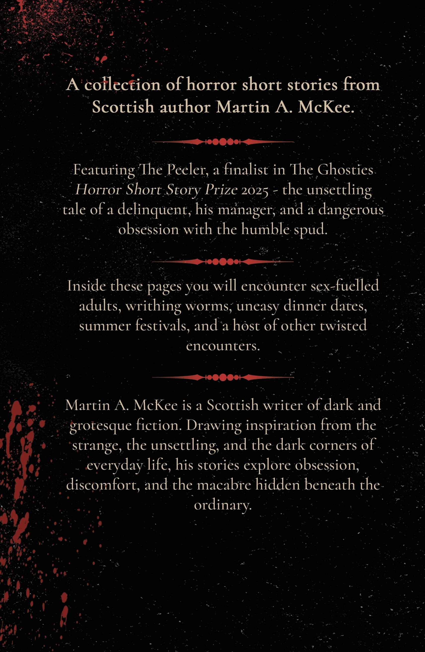 Back cover of The Peeler and other Grotesqueries by Scottish horror author Martin A. McKee