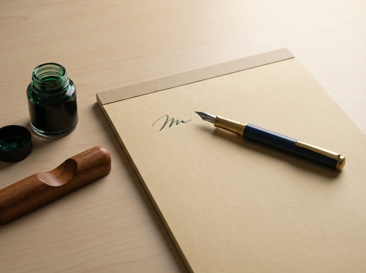 A writing desk with a beige notepad, a fountain pen, an ink bottle, and a wooden stamp.