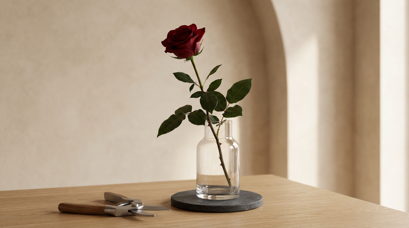 A single red rose in a glass vase on a wooden table, with pruning shears nearby, against a neutral background.