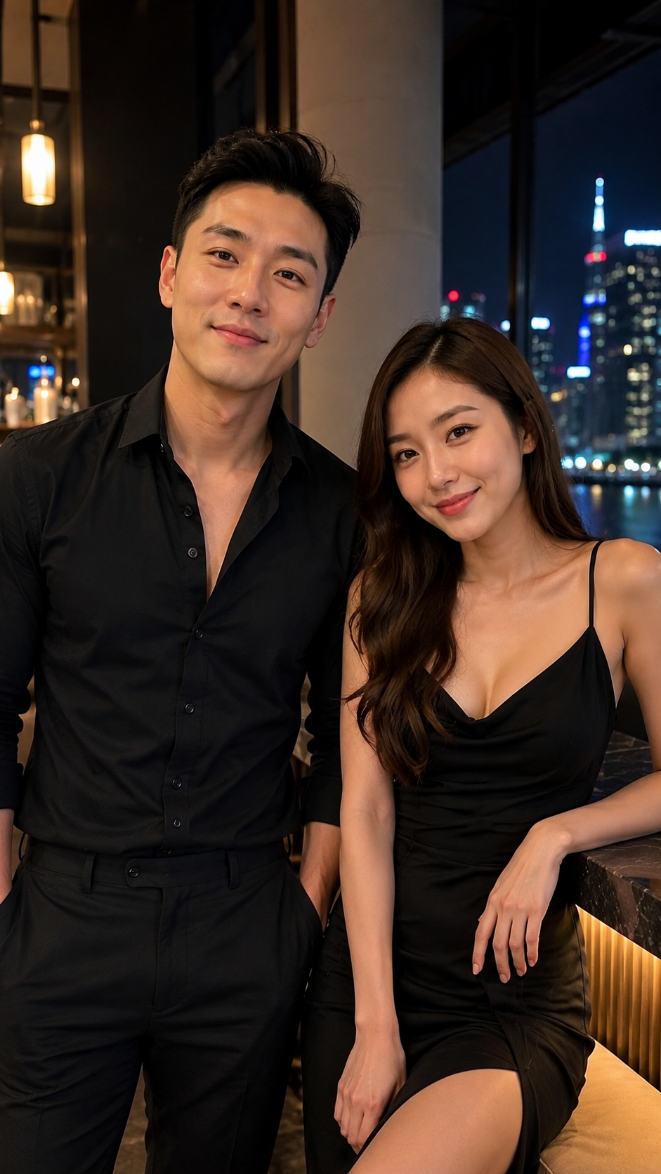 A young man in a black shirt and a young woman in a black dress pose together in a dimly lit indoor setting with a city skyline view at night in the background.