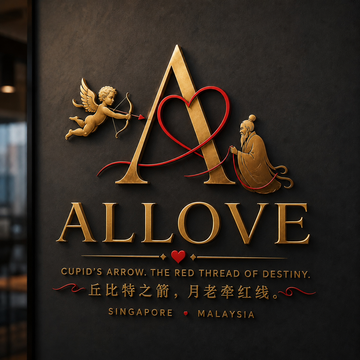 Decorative sign for 'Allove' featuring a cherub shooting an arrow and an elderly man with a red thread connecting them, with the tagline 'Cupid's arrow, the red thread of destiny' and locations Singapore and Malaysia.