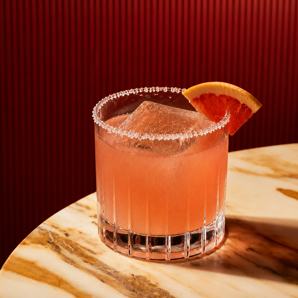 A pink mezcal cocktail, called paloma mezcal, in a clear glass with a large ice cube, garnished with a slice of grapefruit.
