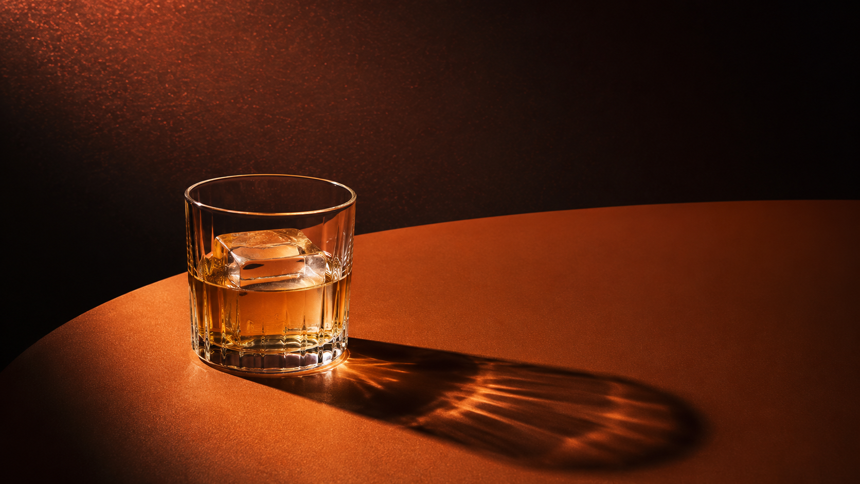 A glass of a mezcal drink made with mala mía mezcal, with ice on a burnt orange surface, casting a shadow and light pattern.