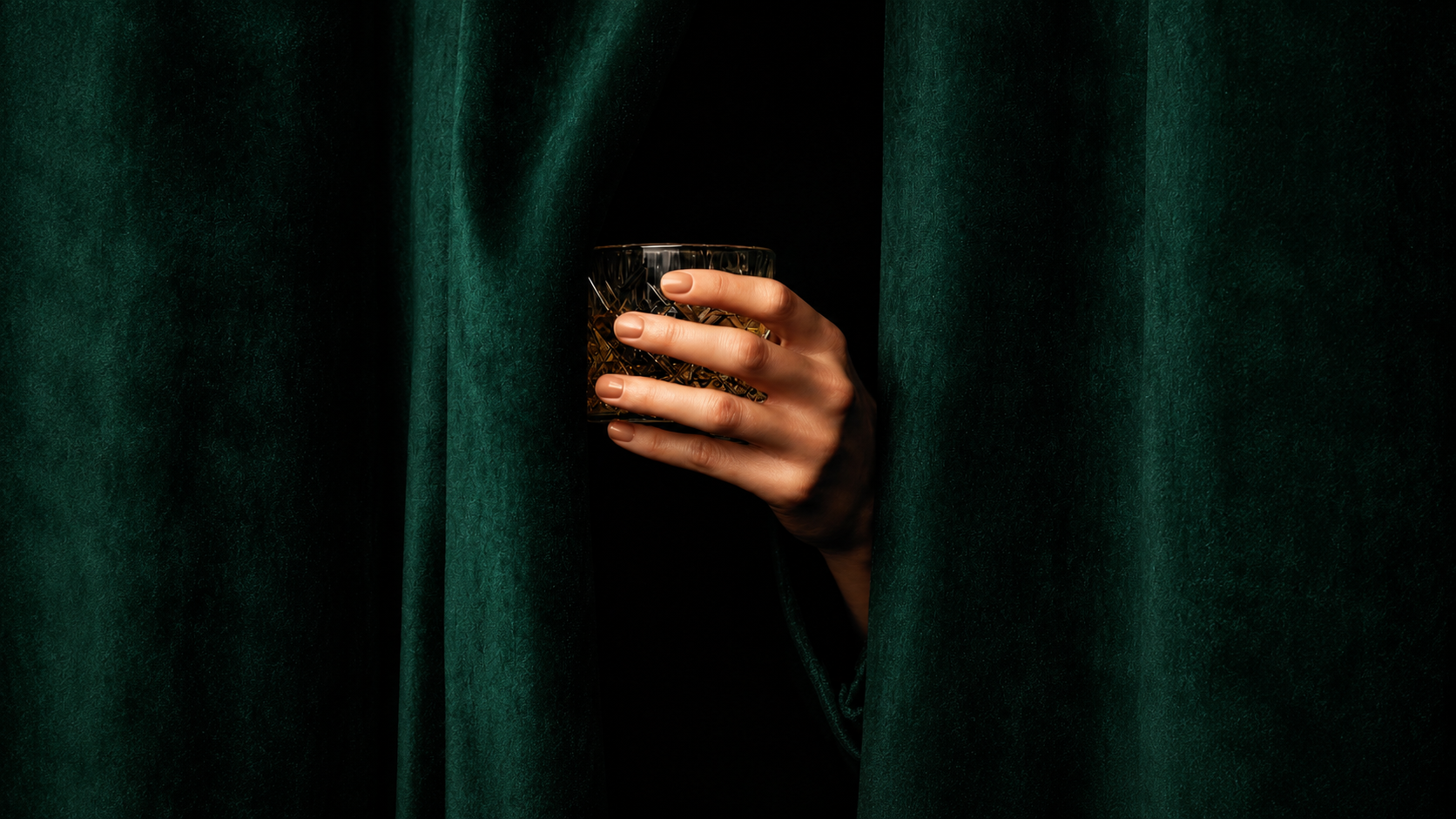 A hand holding a glass of a mezcal drink behind dark green curtains.