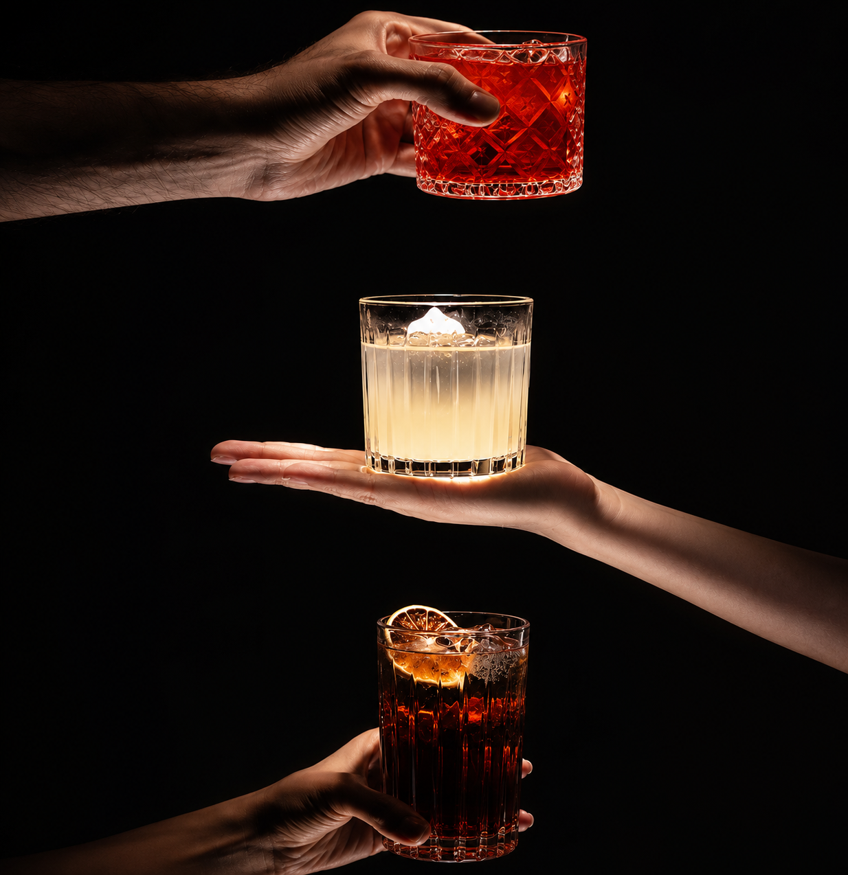 Three hands holding glasses with mezcal drinks which appear to be mezcal negroni, mezcal old fashioned and paloma mezcal, with red, yellow and dark colors and a black background.