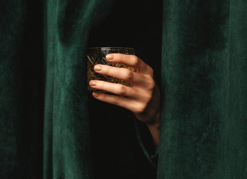Person holding a glass of a mezcal negroni cocktail, made with mala mia mezcal, partially concealed by dark green velvet curtains.