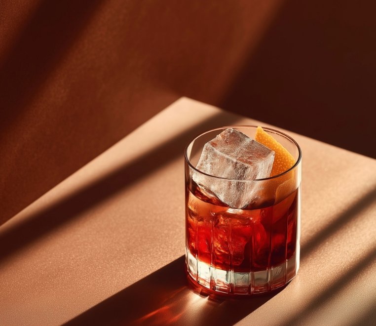 A glass of mezcal old fashioned cocktail, made with mala mia mezcal, a large ice cube and a lemon peel garnish, on a table.