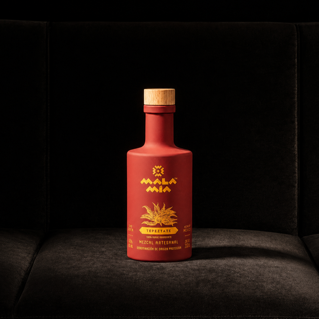 Red bottle of tepeztate mala mía oaxaca mezcal with a wooden cap, featuring yellow text and an agave plant illustration, placed on a dark fabric surface.