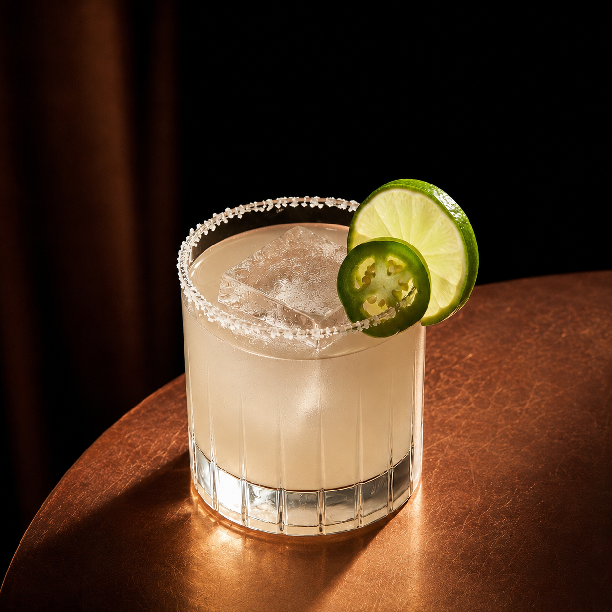 A refreshing mezcal cocktail called mezcalita, in a clear, textured glass with a salted rim, garnished with a slice of lime and a slice of jalapeño.