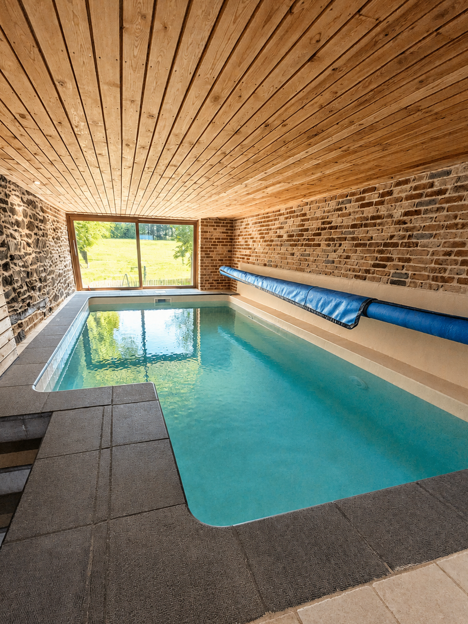 La piscine intérieure de la Villa Hérisson est chauffée à environ 28 °C et accessible toute l’année, quelle que soit la météo.