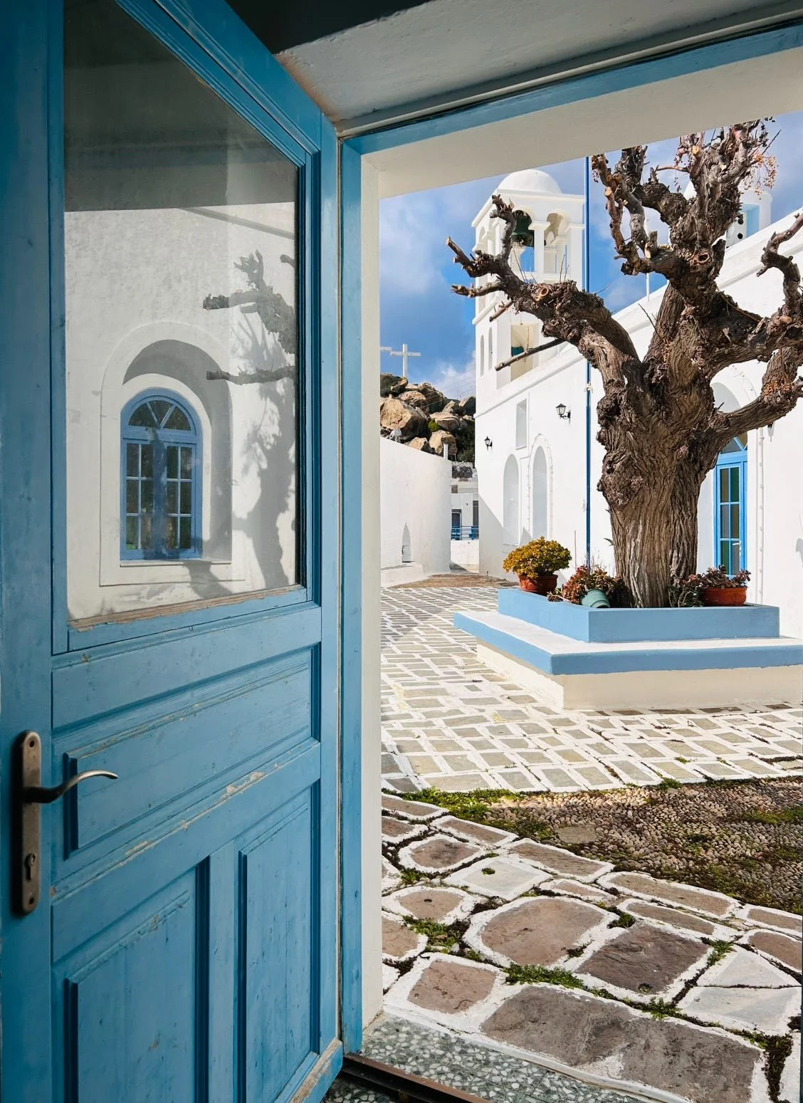 Open blue door revealing a courtyard with a gnarled tree planted in a white planter box, white buildings with blue accents, and a cloudy sky in Greece.