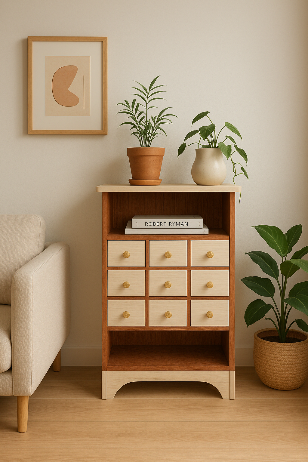 A wooden cabinet with nine small drawers with round yellow knobs, topped with two potted plants, a framed abstract art piece on a white wall, and a beige sofa to the left.