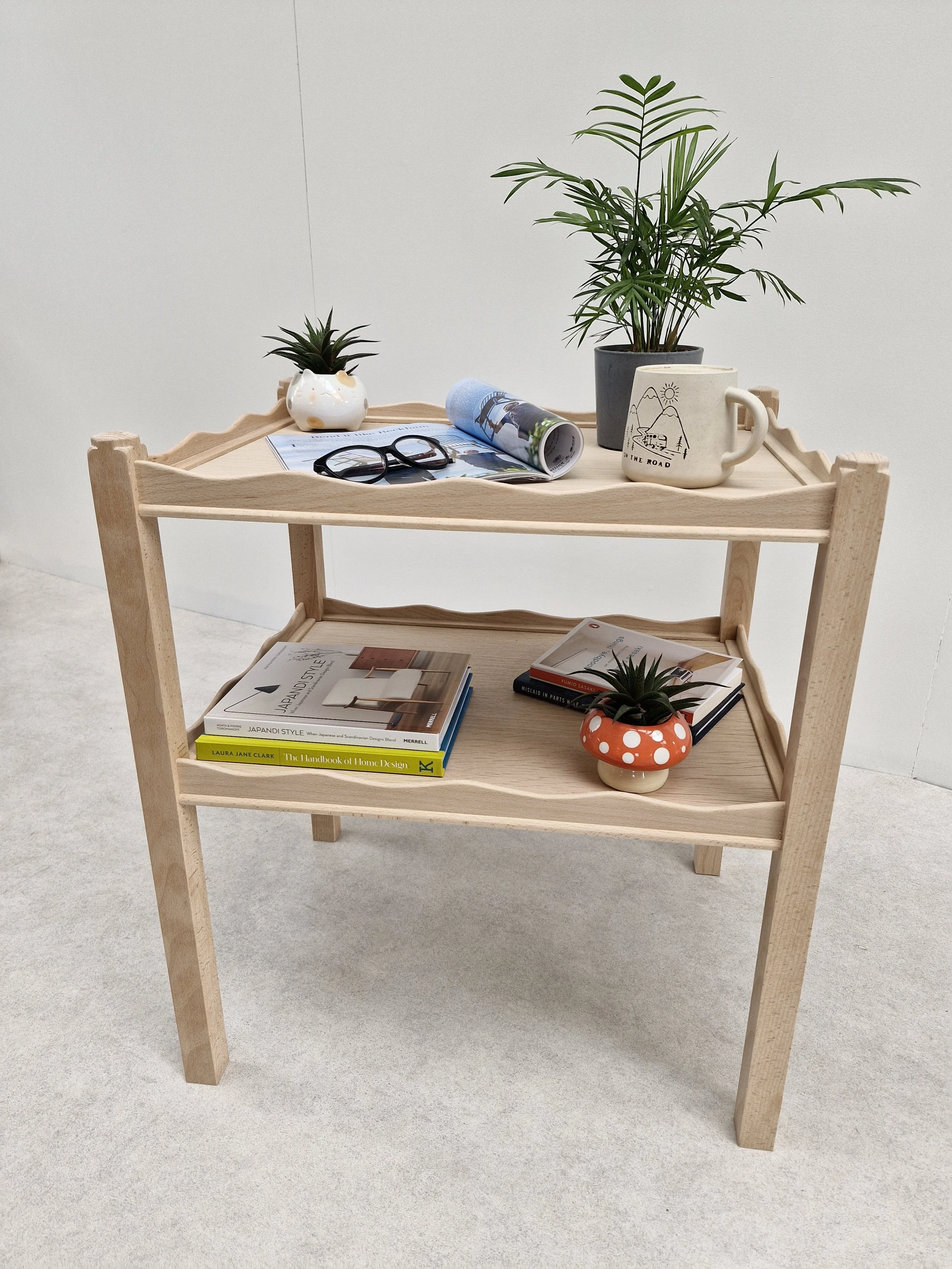 A wooden two-tiered table with books, a small potted plant, a mug with mountain and lake design, glasses, a rolled-up magazine, and a small pottery plant pot with a plant. The background is plain white.