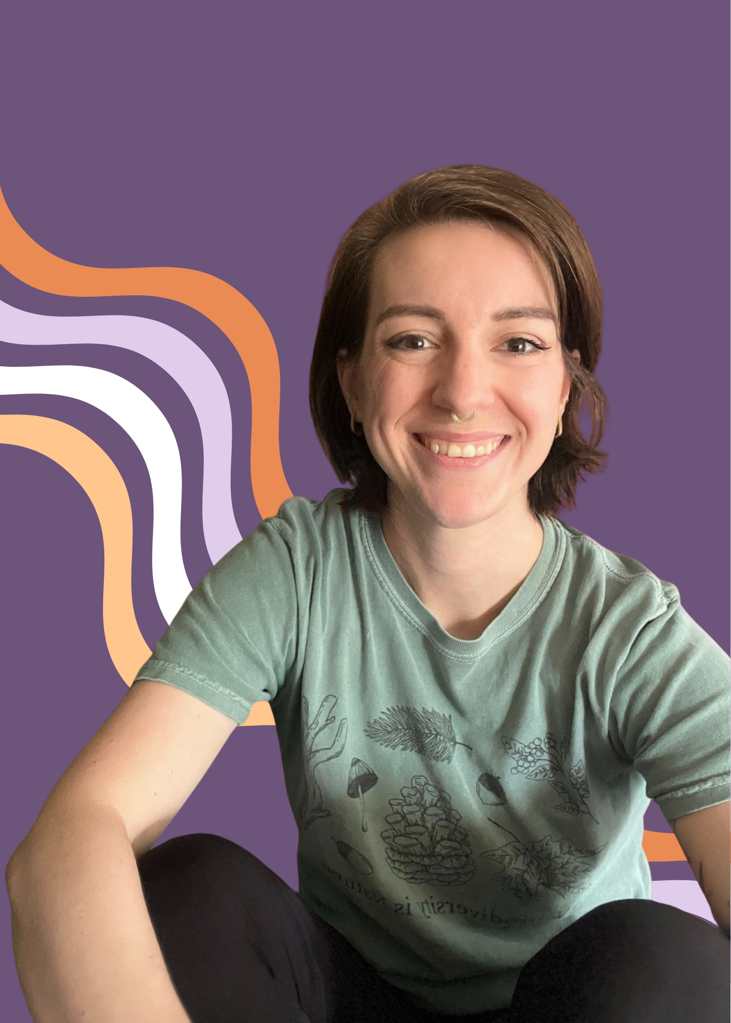 Contact photo for Kendra Thomas, a pediatric sensory trained speech therapist in southern Washington. Kendra has short brown hair, is smiling and wearing a green shirt that says neurodiversity is natural. The background is purple with wavy designs.