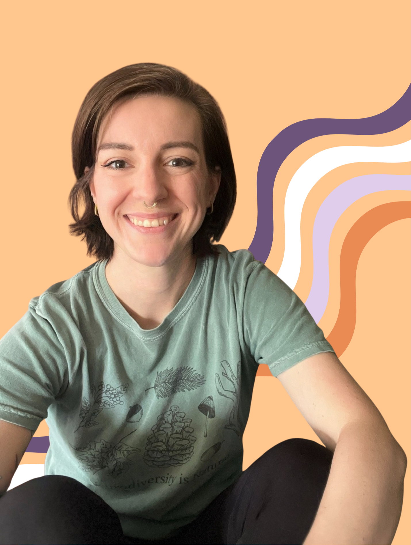Contact photo for pediatric speech therapist at Communication Haven in Olympia, Lacey, and Tumwater. The woman has short brown hair, is smiling and wearing a green shirt that says neurodiversity is natural. The background is orange with wavy designs.