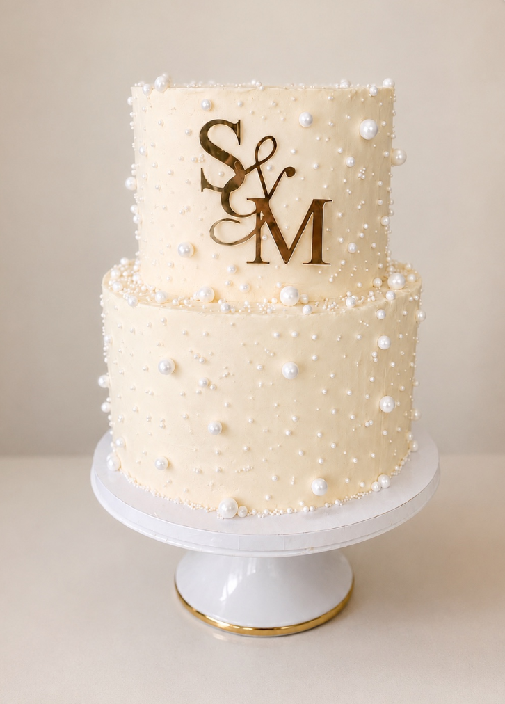 Two-tiered white wedding cake decorated with white chocolate ganache white pearls and a gold monogram topper with the letters S, & , M.