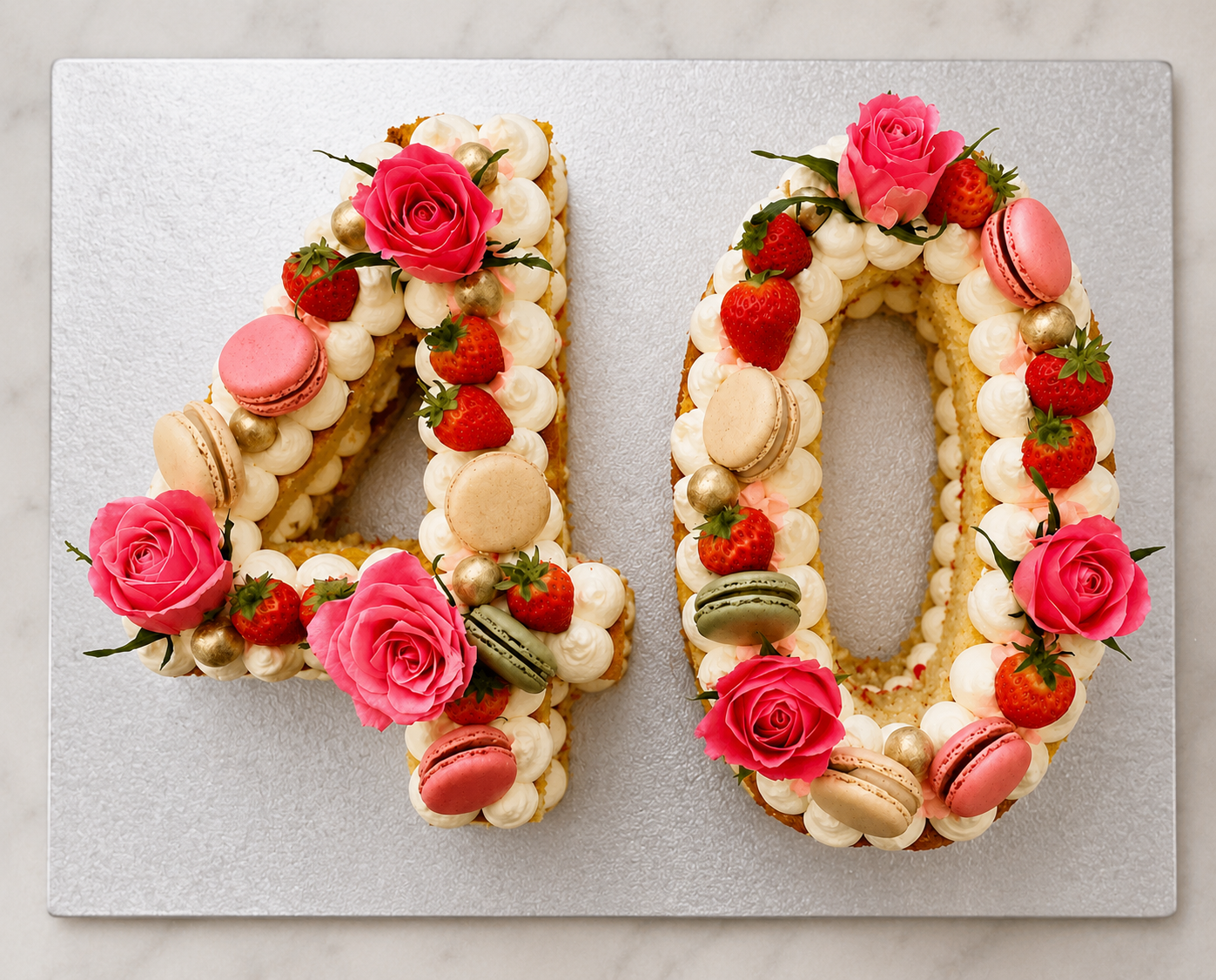 Decorative cake shaped as the number 40, adorned with strawberries, pink roses, macarons, and gold spherical decorations on a silver board.