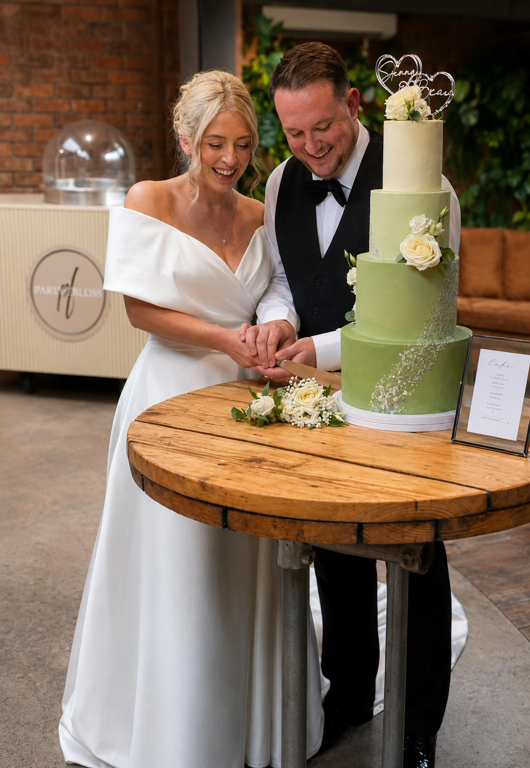 A bride and groom are smiling and cutting a wedding cake together at a celebration. The cake is a tall, four-tiered design with shades of green and decorated with white roses and flowers. The bride is wearing a white off-the-shoulder wedding dress, and the groom is dressed in a black tuxedo with a bow tie. They are standing at a wooden table in a cozy indoor setting with a brick wall and greenery in the background.
