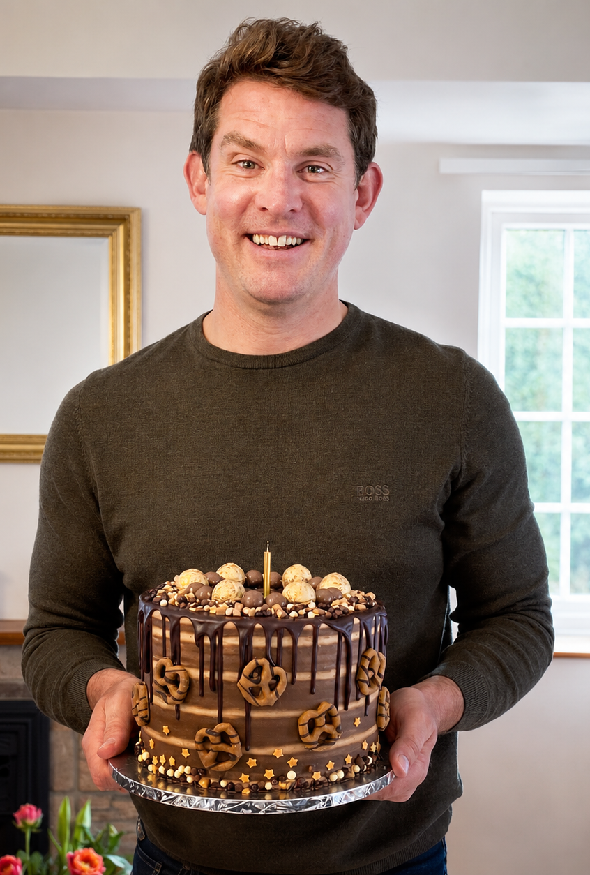 Man smiling and holding a chocolate birthday cake with toppers, chocolate drips, pretzels, and a gold candle inside a well-lit room.